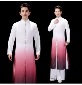 Chinese Kung Fu Wu Shu Tai Chi performance uniforms for Youth men's style flowing Red Green Gradient color Chinese fan dance modern dance costumes for man